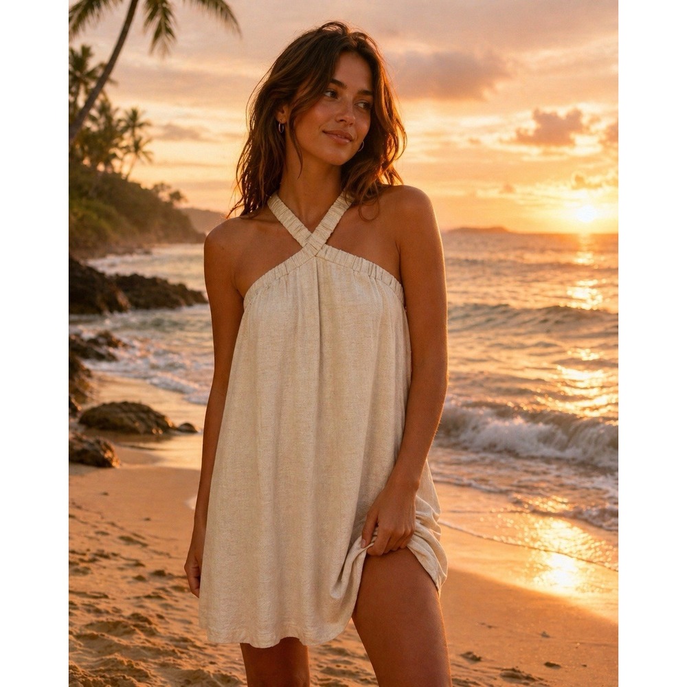 Allie Rose Halter Mini Sundress M Linen Cotton Natural Oatmeal Pockets Coastal